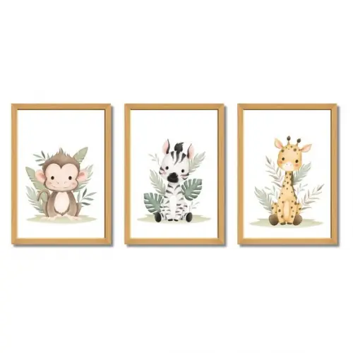 Kit Quadros Safari Macaco com Moldura Madeira e Vidro