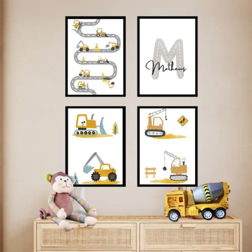 Kit Quadros Trator Construção Personalizado Menino com Vidro