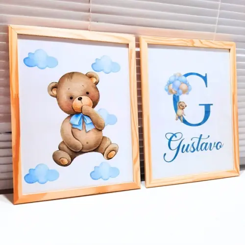 Kit Quadros Urso Azul com Nome do Bebe Moldura C/vidro 33x43