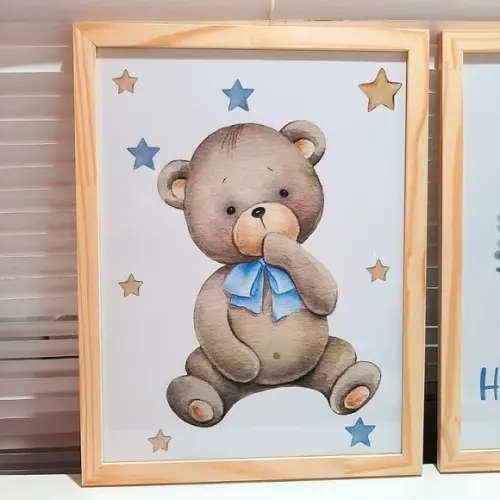 Kit Quadros Urso Azul com Nome do Bebe Moldura C/vidro 33x43