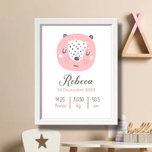 Meu Nascimento Minimalista Rosa Quadro Moldura Branca 33x43