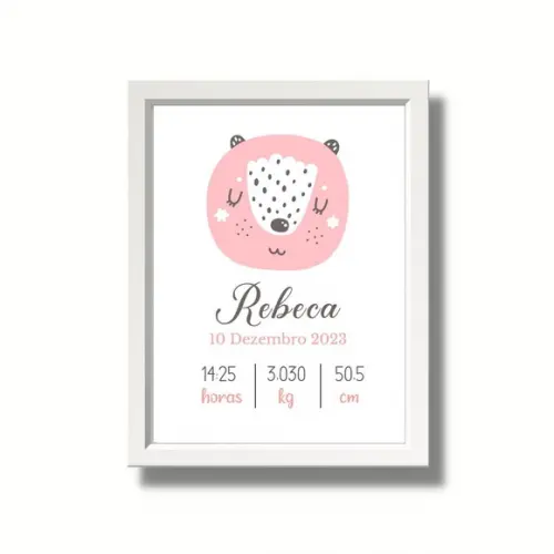 Meu Nascimento Minimalista Rosa Quadro Moldura Branca 33x43