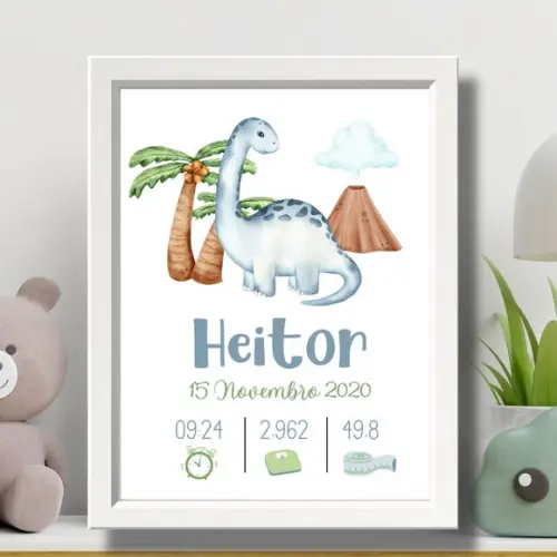 Meu Nascimento Quadro Bebe Menino Moderno Dinossauro 33x43cm