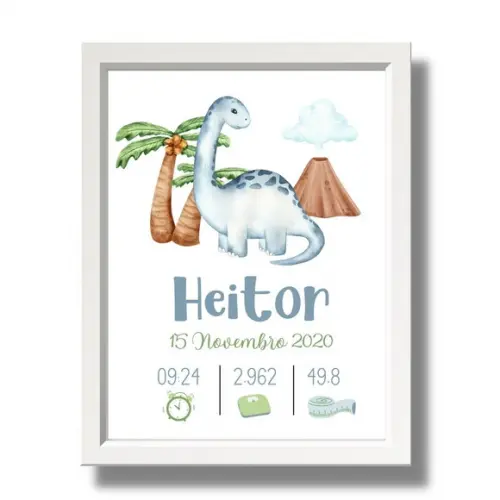 Meu Nascimento Quadro Bebe Menino Moderno Dinossauro 33x43cm