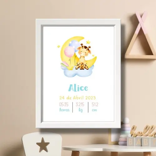 Meu Nascimento Quadro Girafa Bebe Menina com Vidro 33x43cm