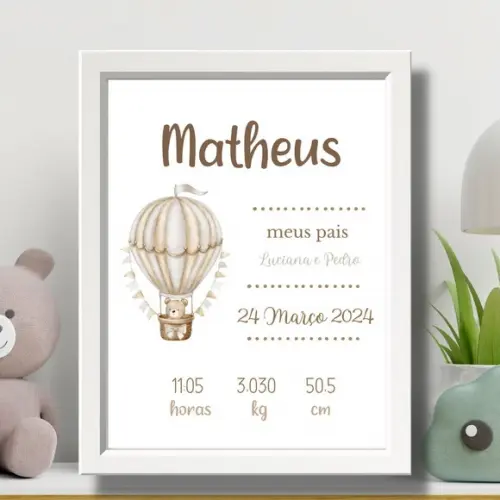 Meu Nascimento Quadro Informações do Bebe Balão 33x43 cm