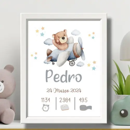 Meu Nascimento Quadro para Editar Urso Quarto Bebe 33x43cm
