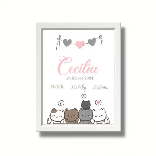 Meu Nascimento Quadro Quarto de Menina Editar Gatinhos 33x43