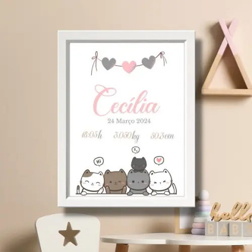 Meu Nascimento Quadro Quarto de Menina Editar Gatinhos 33x43