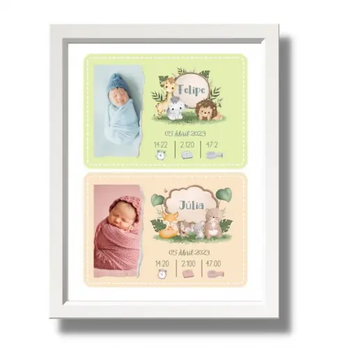Nascimento Quadro Bebe Gemeos Moldura com Vidro 33x43 cm