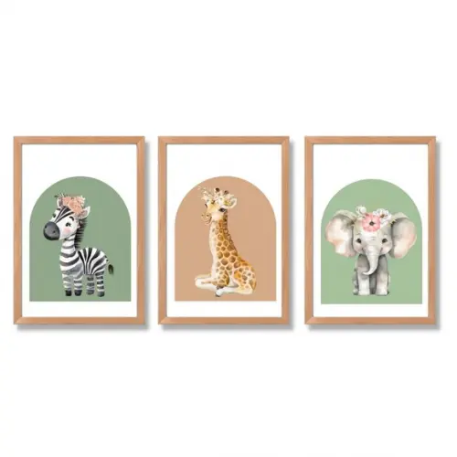 Quadrinhos Decorativos Safari Menina Moldura com Vidro 33x43