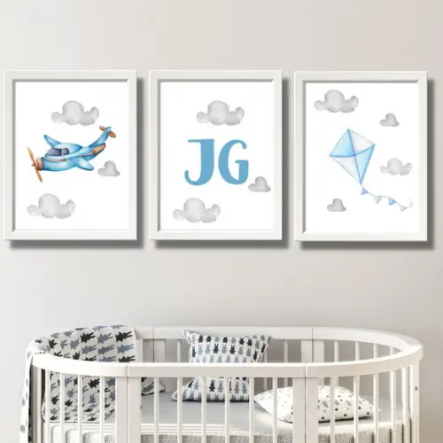 Quadrinhos Para Quarto De Bebe Aviao Aquarela 20x30cm