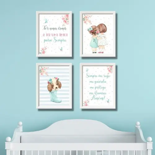 Quadrinhos para Quarto de Irmãs Aquarela com Frase 33x43 cm