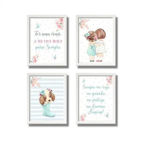 Quadrinhos para Quarto de Irmãs Aquarela com Frase 33x43 cm