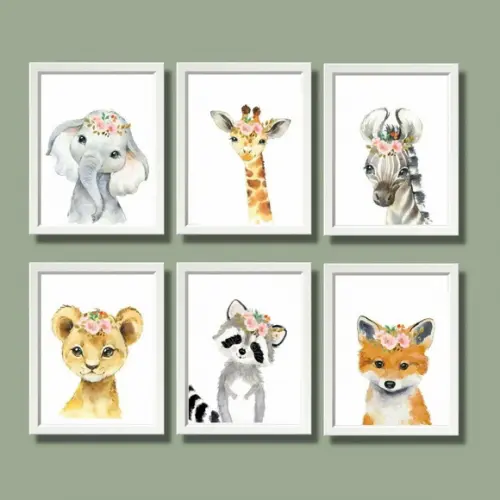 Quadrinhos safari aquarela com moldura branca e vidro 20x30