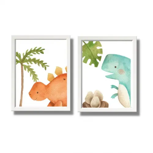 Quadrinhos Tema Dino Baby Moldura Branca com Vidro 23x33cm