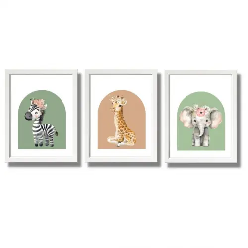 Quadrinhos Tema Safari com Flor Menina Moldura/vidro 33x43