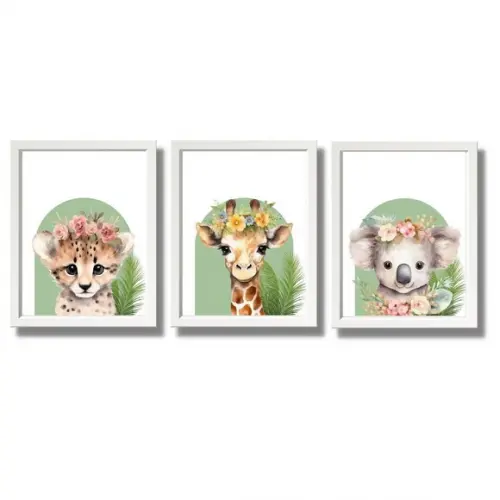 Quadrinhos Tema Safari Quarto de Menina Moldura 33x43 cm