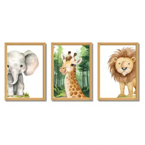 Quadro Animais Infantil Safari Selva Moldura com Vidro