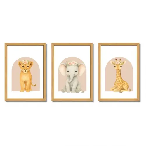 Quadro Animais Rosa Quarto Infantil Menina Moldura com Vidro
