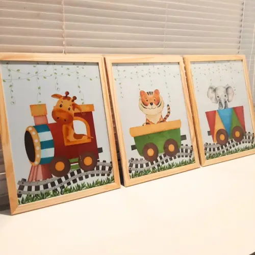 Quadro Animais Safari Leão Trenzinho Moldura com Vidro 33x43