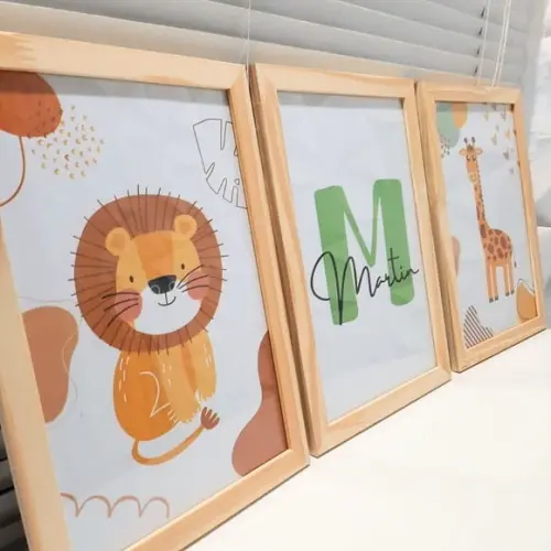 Quadro Animais Safari Personalizado Nome Bebe Moldura 33x43