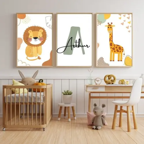 Quadro Animais Safari Personalizado Nome Bebe Moldura 33x43