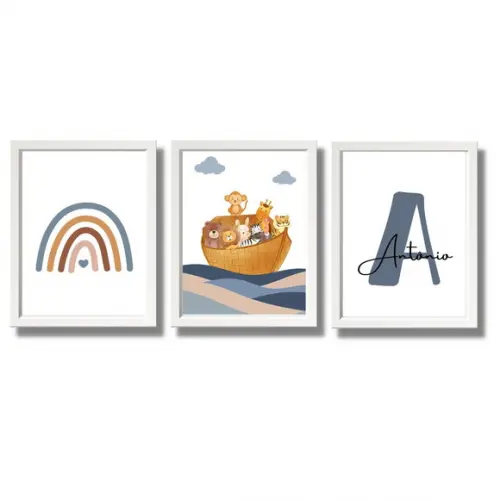 Quadro Arca de Noé Infantil Moldura com Vidro 33x43 cm