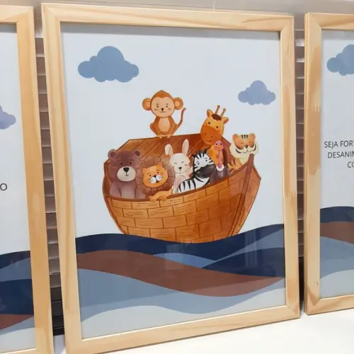 Quadro Arca de Noé Infantil Bíblico Decorativo Moldura 33x43