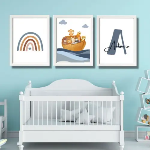 Quadro Arca de Noé Infantil Moldura com Vidro 33x43 cm