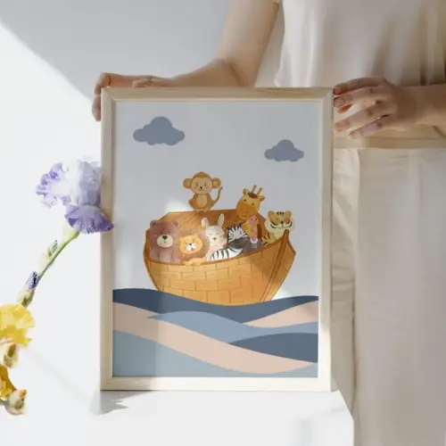 Quadro Arca Infantil com Nome | Moldura Madeira com Vidro