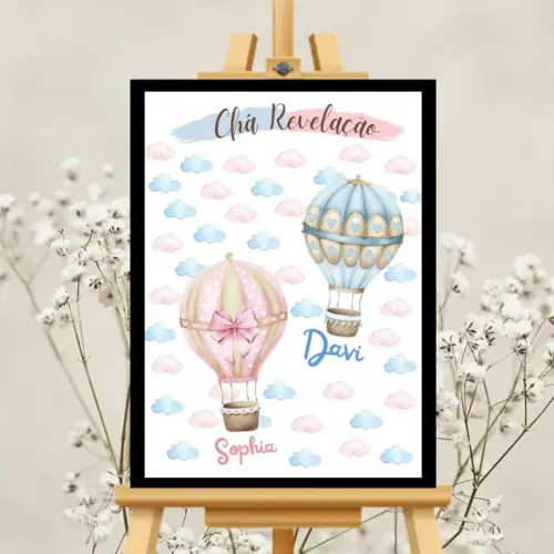 Quadro Assinatura Cha Revelação Simples Balão Azul e Rosa