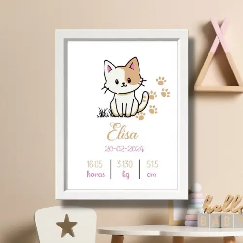 Quadro Bebe Nascimento Gatinha com Moldura Branca 33x43cm