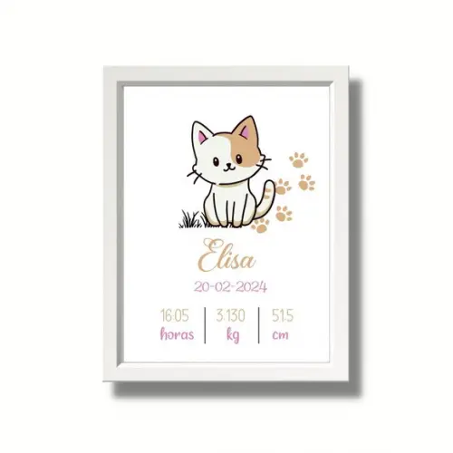 Quadro Bebe Nascimento Gatinha com Moldura Branca 33x43cm