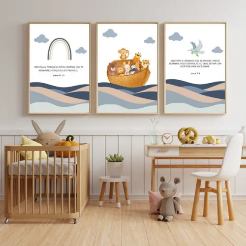 Quadro Bíblico Infantil Arca de Noé Frases Bíblicas 33x43 cm