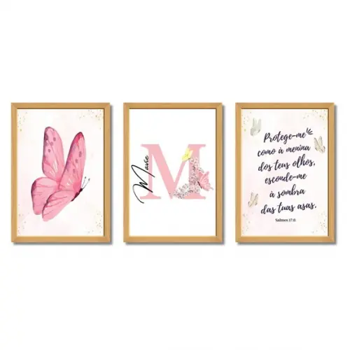 Quadro Borboleta Rosa para Quarto Infantil Feminino 23x33cm