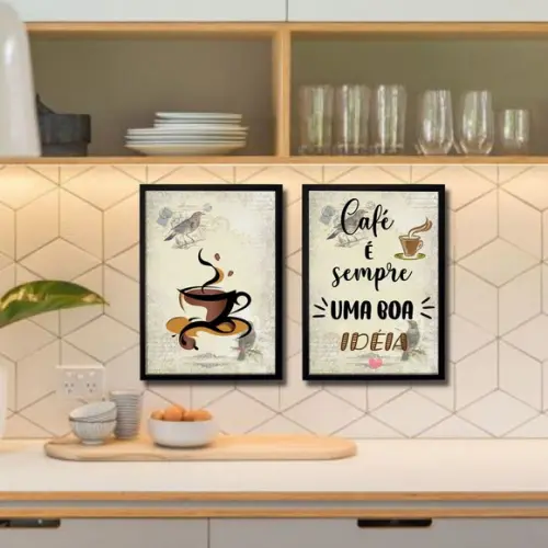 quadro café cozinha moderno frases amor kit 20x30 com vidro
