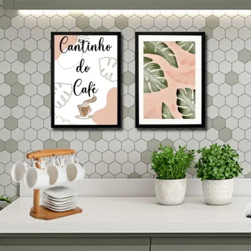 quadro cantinho do café com moldura e vidro 20x30cm 2 pças