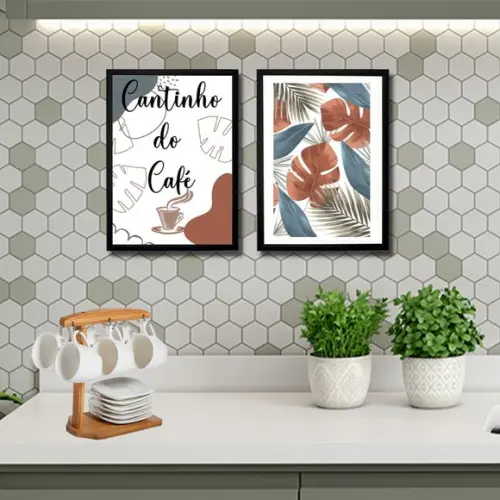 quadro cantinho do café cozinha kit 2 pçs 20x30 com vidro