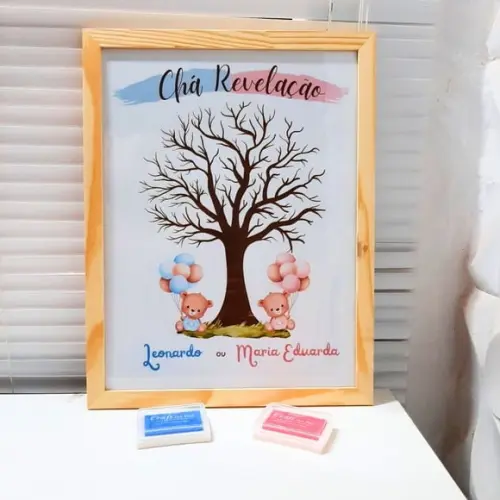 Quadro Chá Revelação Árvore Digitais + 2 Carimbeiras 33x43cm