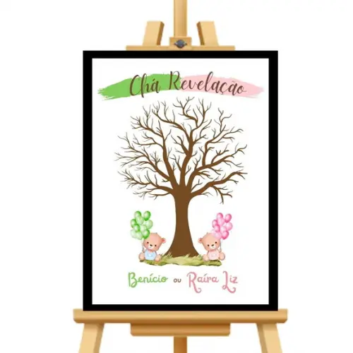 Quadro Chá Revelação Árvore Digitais Verde e Rosa +2carimbos