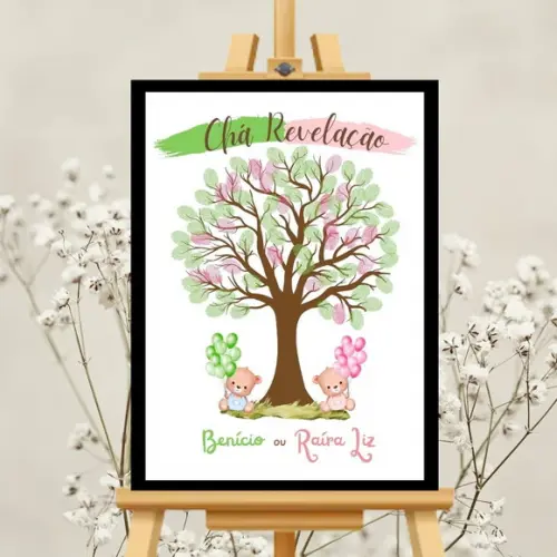 Quadro Chá Revelação Árvore Digitais Verde e Rosa +2carimbos