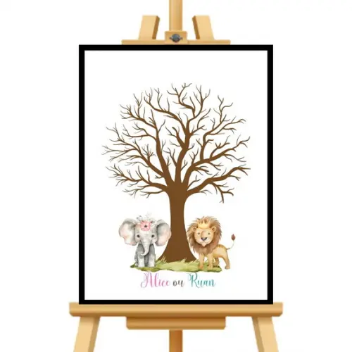 Quadro Chá Revelação Árvore Safari com 2 Carimbeiras Moldura