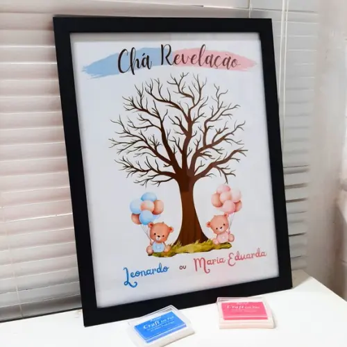 Quadro Chá Revelação Árvore Ursinho com 2 Carimbeiras 33x43