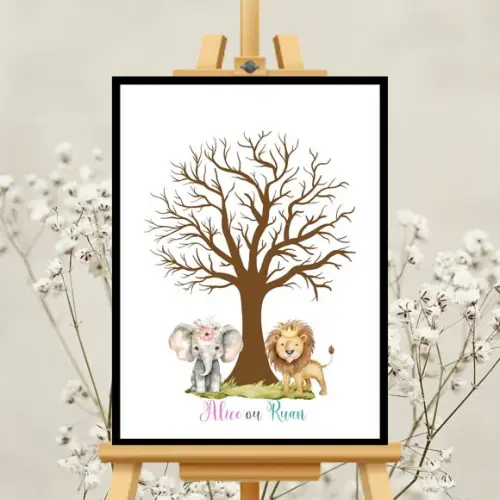 Quadro Chá Revelação Árvore Safari com 2 Carimbeiras Moldura