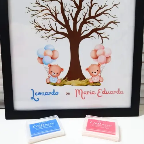 Quadro Chá Revelação Árvore Ursinho com 2 Carimbeiras 33x43