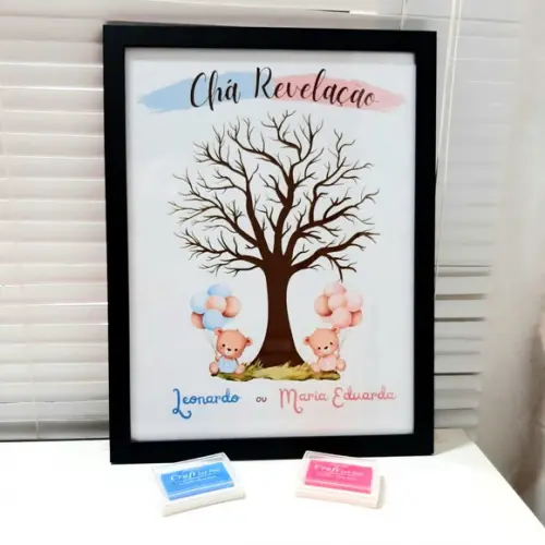 Quadro Chá Revelação Árvore Ursinho com 2 Carimbeiras 33x43