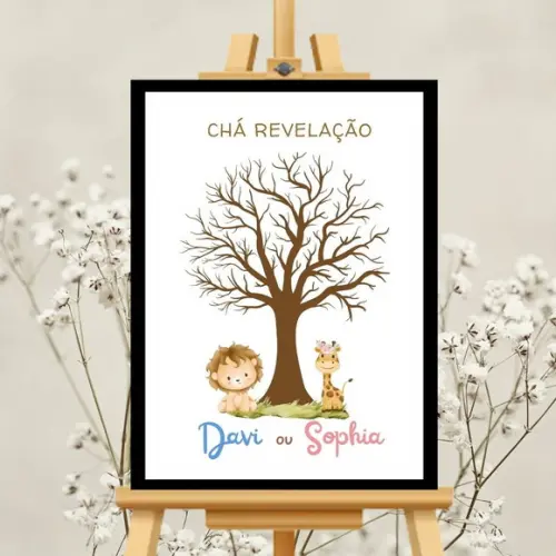 Quadro Chá Revelação Decoração Simples Safari + 2 Carimbos