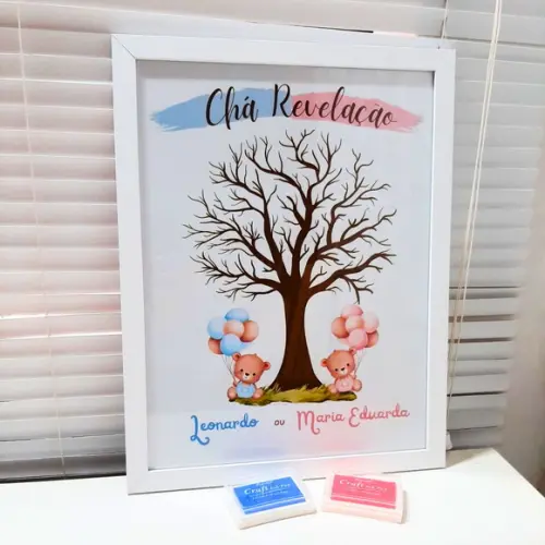 Quadro Chá Revelação Menino ou Menina Ursinho +2 Carimbeiras