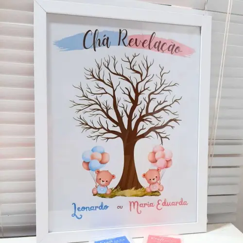 Quadro Chá Revelação Menino ou Menina Ursinho +2 Carimbeiras